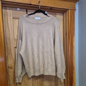 Cozy Rib-Sleeve Crewneck Sweater in Beige